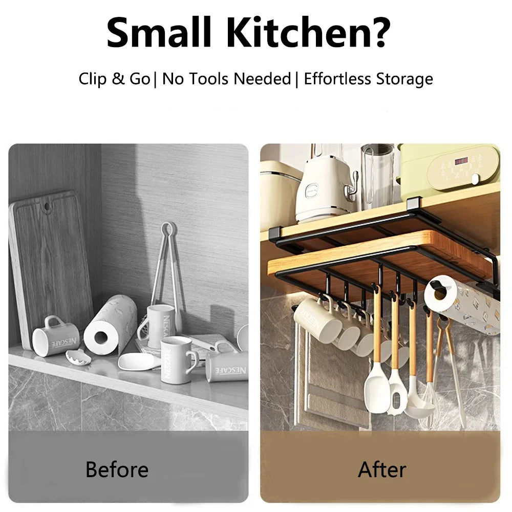 Space-Saving Under Cabinet Kitchen Organizer Rack with Hooks, Storage Shelf & Hanging Holders