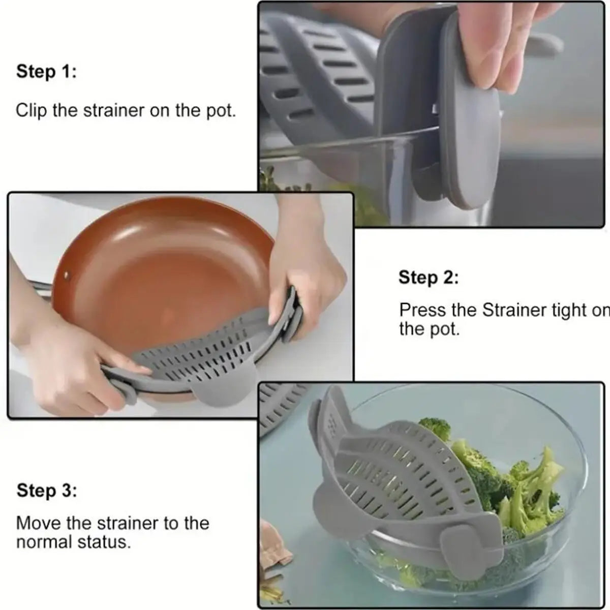 Universal Clip-On Silicone Pot Strainer - Hands-Free Pasta & Vegetable Drainer