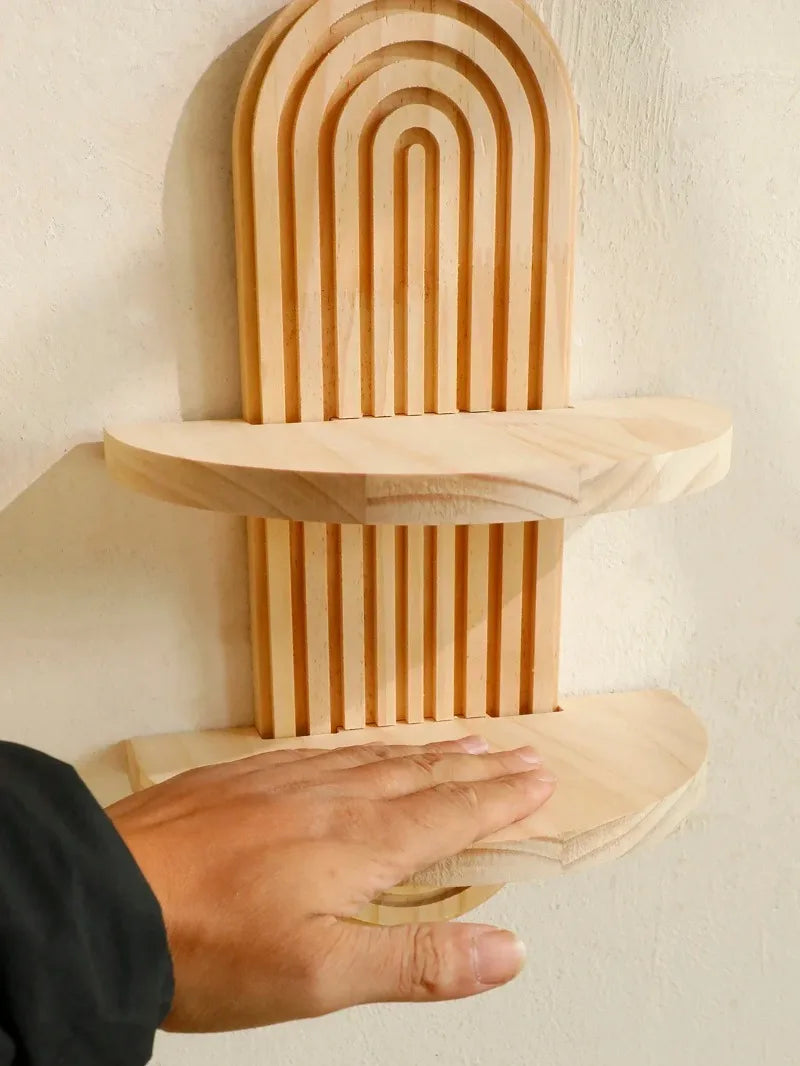 Boho Wooden Arch Wall Shelf – Natural Wood Floating Storage