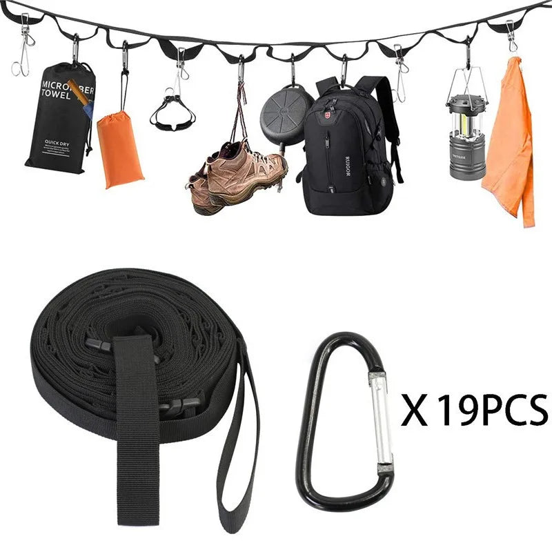 Camping Gear Hanging Strap with 19 Hooks – Outdoor Equipment Organizer Clothesline