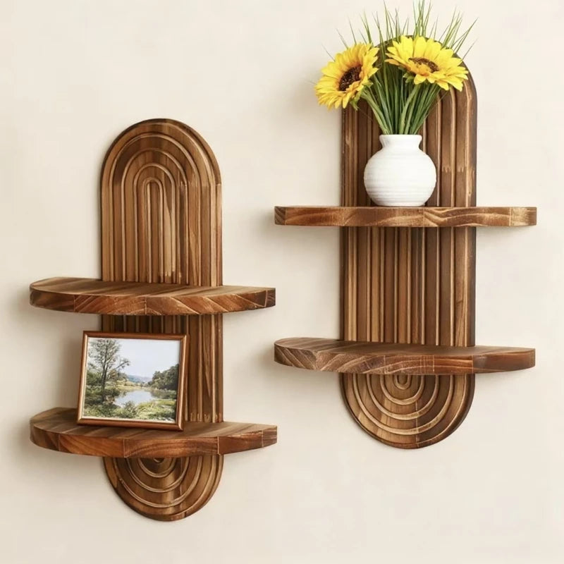 Boho Wooden Arch Wall Shelf – Natural Wood Floating Storage