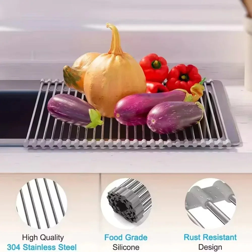 Roll-Up Stainless Steel Sink Drying Rack – Foldable Kitchen Dish & Vegetable Rack